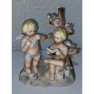 Vintage Andrea S‎ Figurine Cherub Angels Bird Flowers Made In Occupied Japan